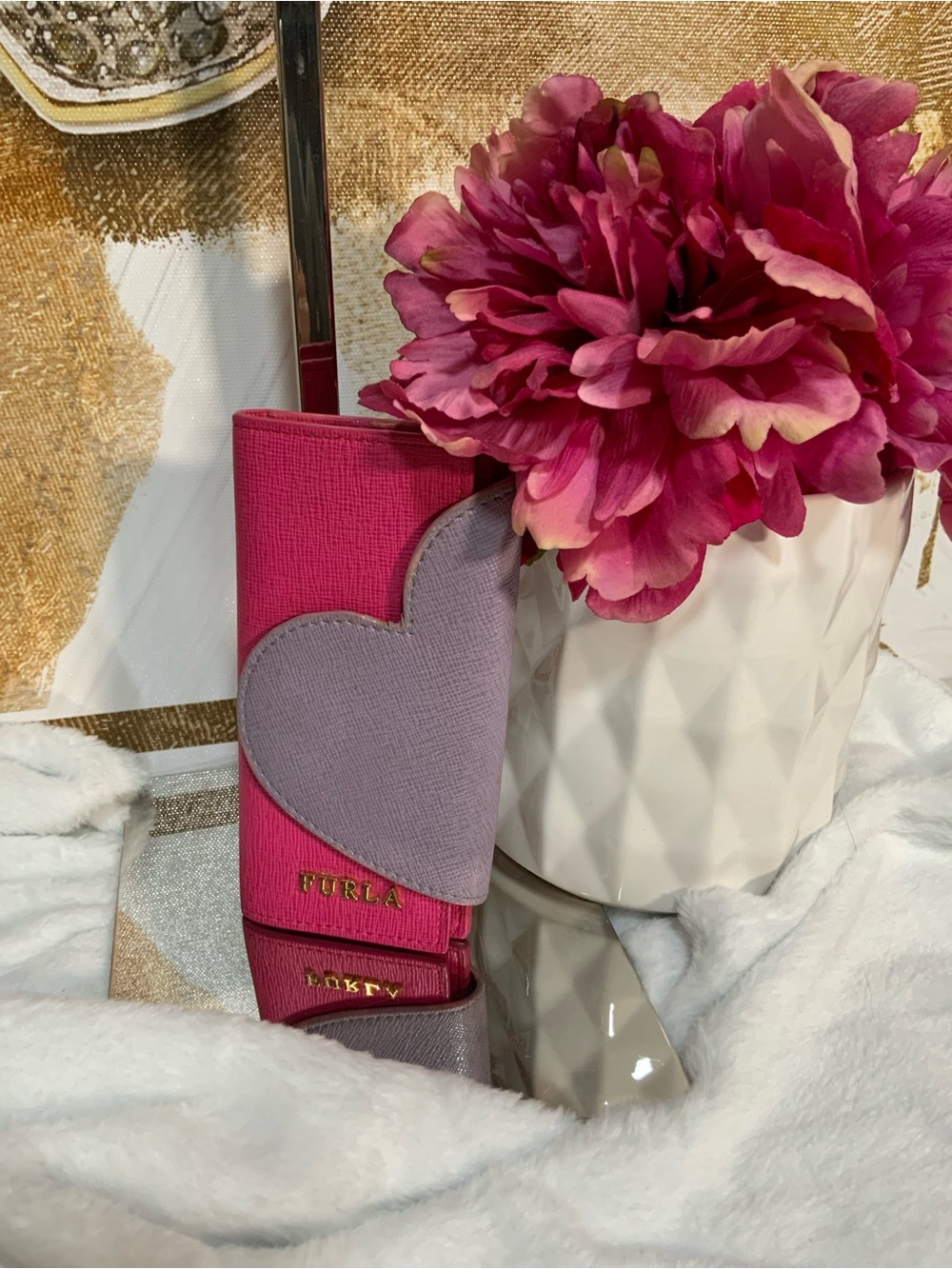 Furla Hot Pink Wallet with Lavender Heart Accent
